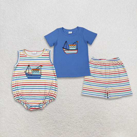 RTS Sibling Baby Boys Kids Embroidery Boats Colorful Stripes Bubble Romper Set