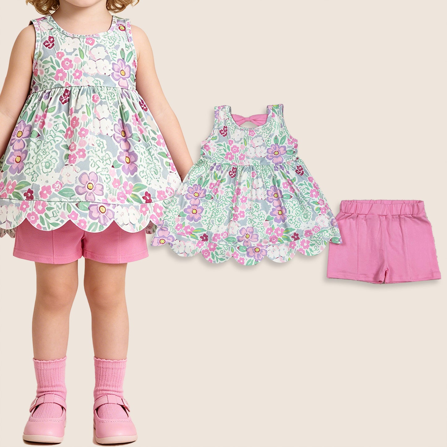 Baby Girls Kids Sleeveless Flower Bows Tops Pink Shorts Summer Set