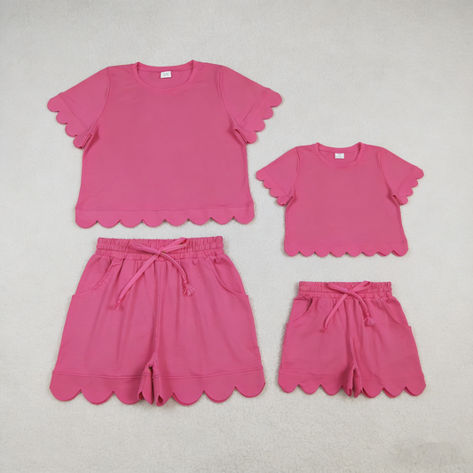 RTS Sibling Baby Girls Adult Women Short Sleeves Pink Cotton Shirts Shorts Scallop Sets Summer Clothes