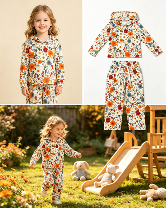 Baby Girls Kids Flower Long Sleeves Hoodie Shirt Pockets Pants Set Clothes