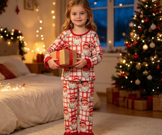 Baby Girls Kids Long Sleeves Christmas Santa Plaid Shirt Pants Set Pajamas Clothes