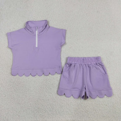 Baby Girls Kids Short Sleeves Zipper Shirt Scallop Shorts Cotton Purple Set