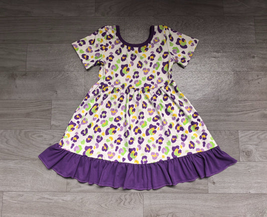 No moq Preorder Baby Girls Kids Short Sleeves Leopard Mardi Gras Dress Clothes