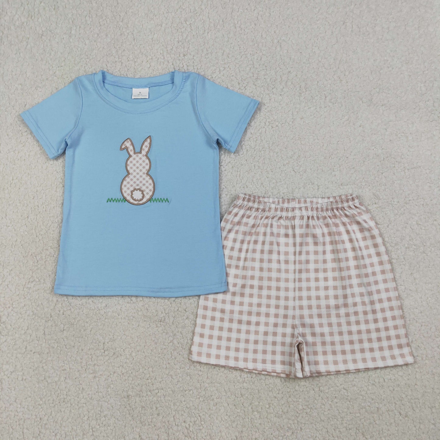RTS Baby Boys Kids Short Sleeves Embroidery Rabbit Blue Shirt Plaid Shorts Easter Set