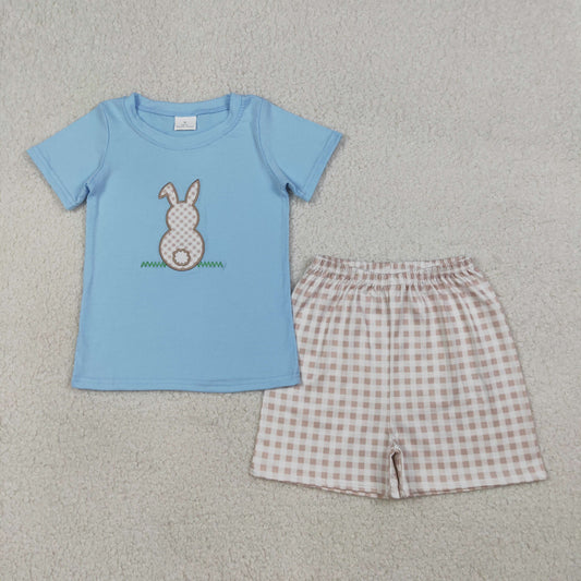 RTS Baby Boys Kids Short Sleeves Embroidery Rabbit Blue Shirt Plaid Shorts Easter Set