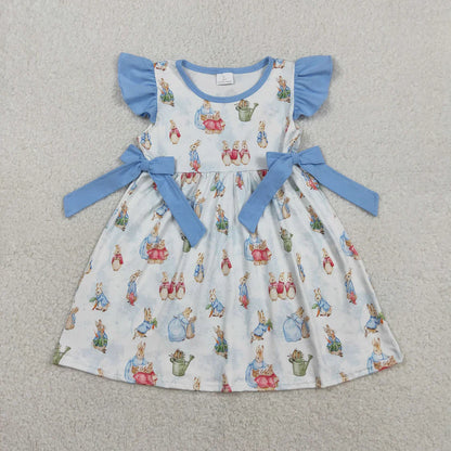 RTS Sibling Baby Girls Kids Short Sleeves Rabbits Blue Bows Easter Romper Dress Set