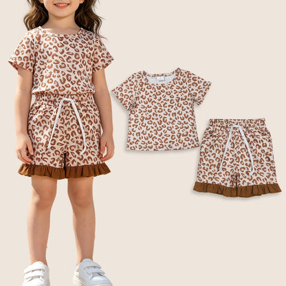 Baby Girls Kids Short Sleeves Leopard Shirt Pockets Shorts Summer Set
