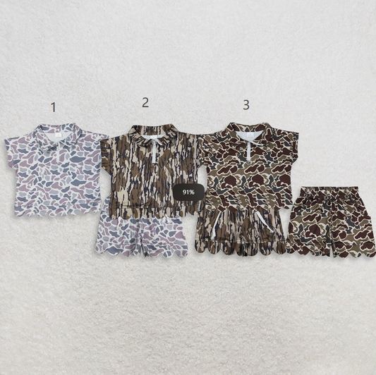 Sibling Baby Girls Kids Short Sleeves Camo Zipper Shirts Scallop Shorts Sets Clothes
