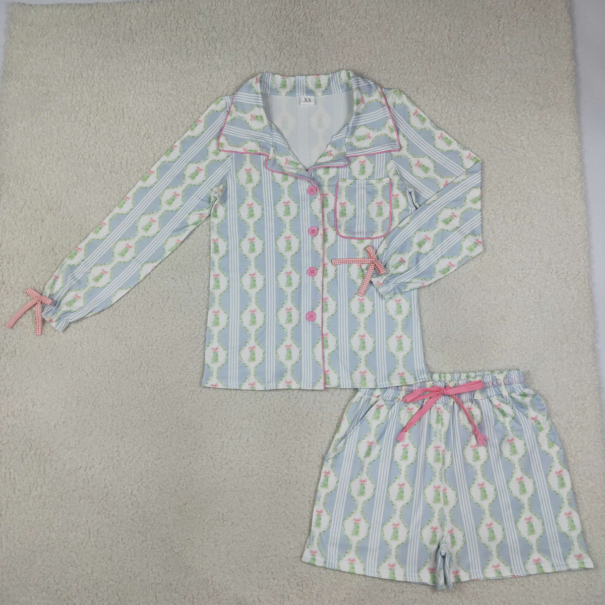 Adult Women Long Sleeves Christmas Tree Bows Buttons Tops Shorts Pajamas Blue Set