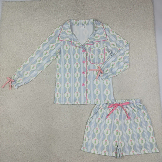 Adult Women Long Sleeves Christmas Tree Bows Buttons Tops Shorts Pajamas Blue Set