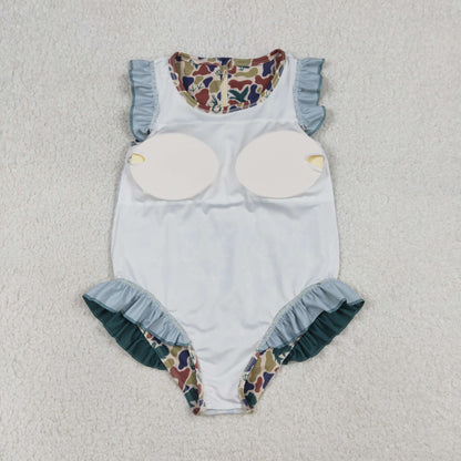 RTS Baby Girls Deer Ducks Camo Green Ruffle One-piece Swimsuit