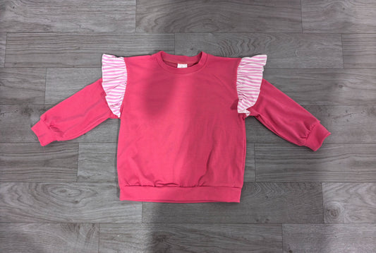 No moq Preorder Baby Girls Toddler Stripes Ruffle Long Sleeves Hot Pink Shirt Cotton Clothes