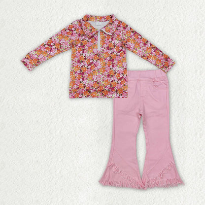 Baby Girls Long Sleeves Flower Zipper Shirt Pink Jeans Denim Pants Set Clothes