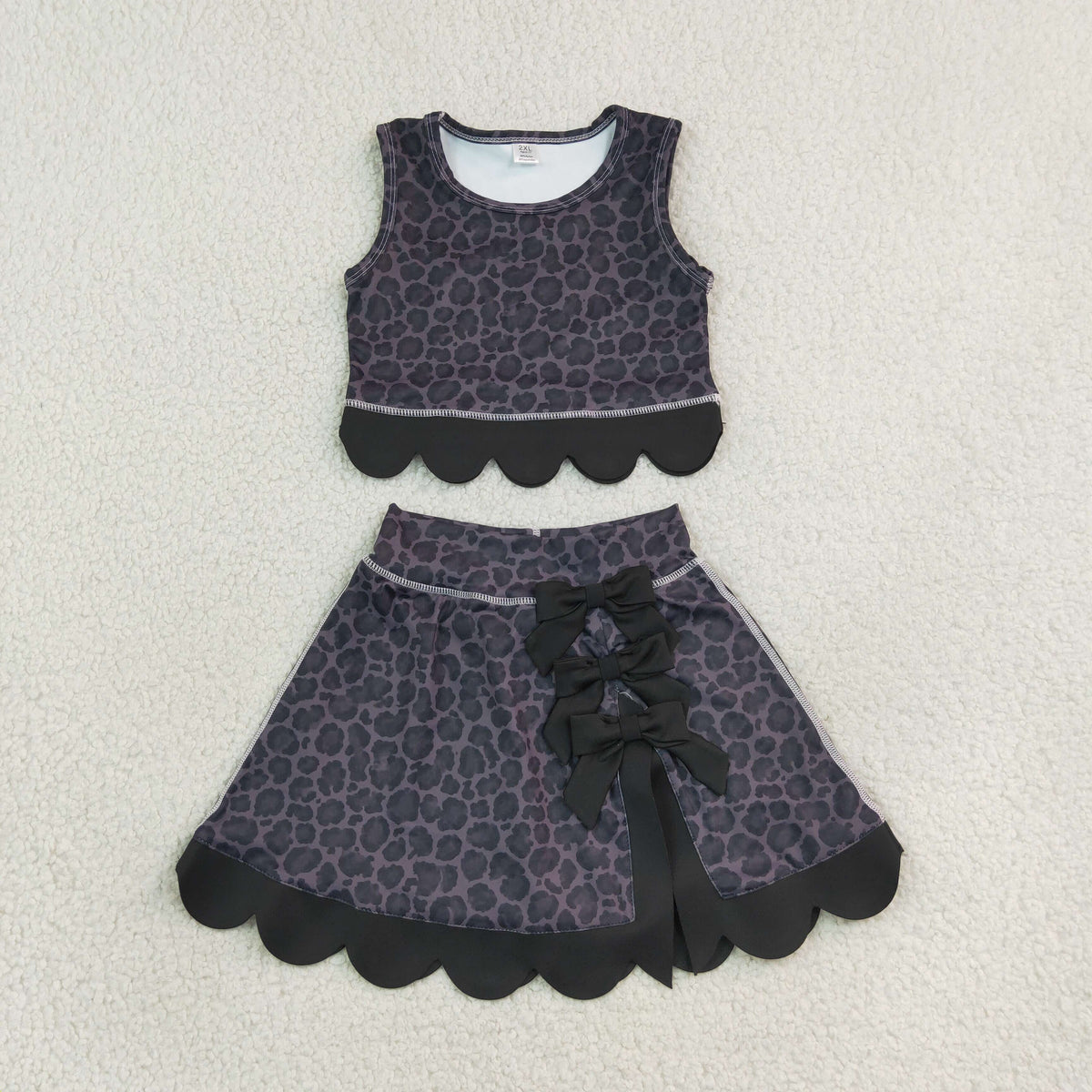 Baby Girls Kids Black Leopard Vest Bows Scallop Bows Skirt Shorts Yoga Active Set Clothes