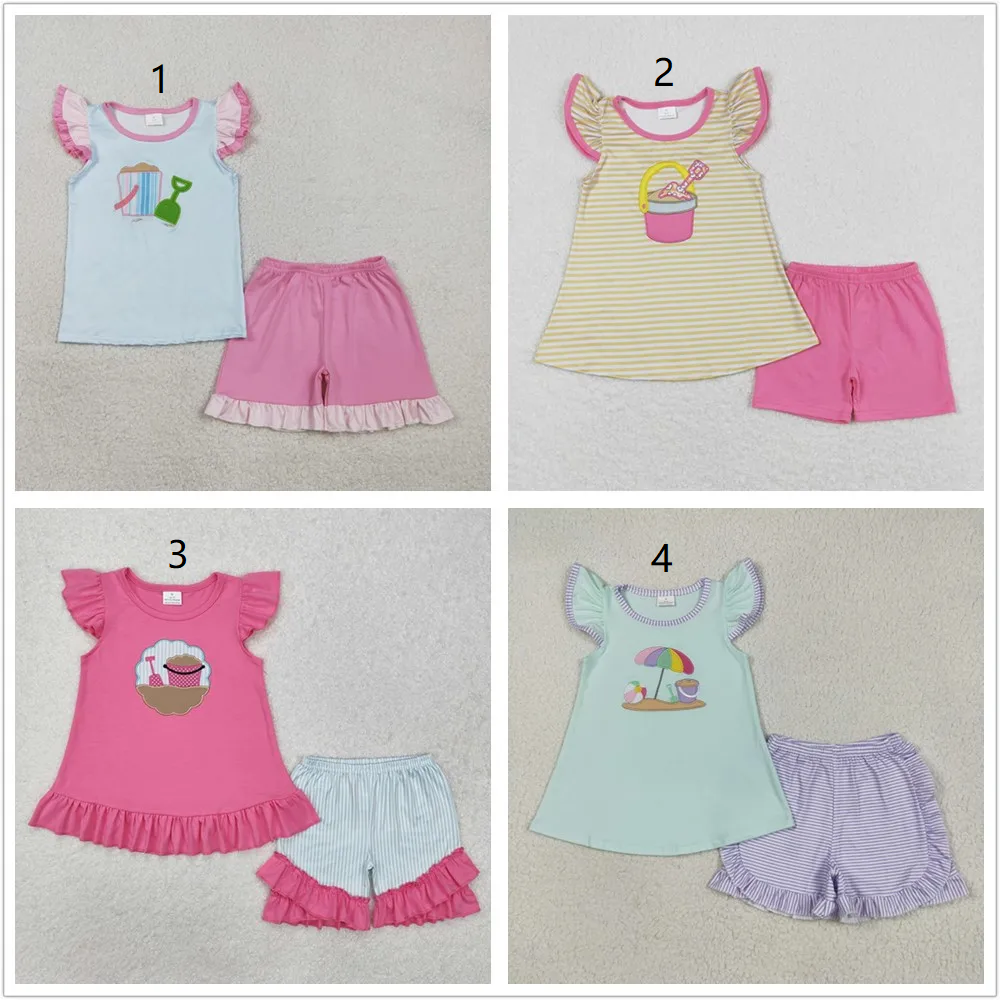RTS Sibling Baby Girls Kids Short Sleeves Embroidery Beach Shirts Ruffle Shorts Summer Sets