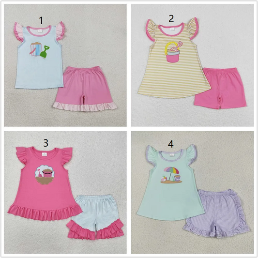 RTS Sibling Baby Girls Kids Short Sleeves Embroidery Beach Shirts Ruffle Shorts Summer Sets