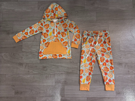 No moq Preorder Baby Boys Kids turkey Pumpkins Hoodie Hoodie Zip Shirt Pockets Pants Thanksgiving Set