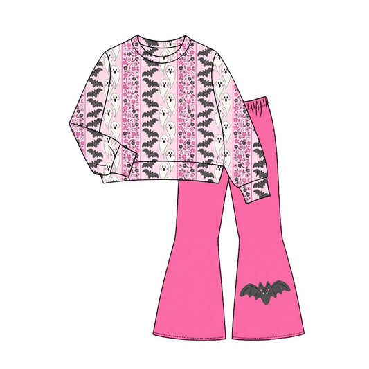 (Moq 5 Preorder Baby Girls Kids Long Sleeves Ghosts Bats Shirt Bell Pants Halloween Set Clothes