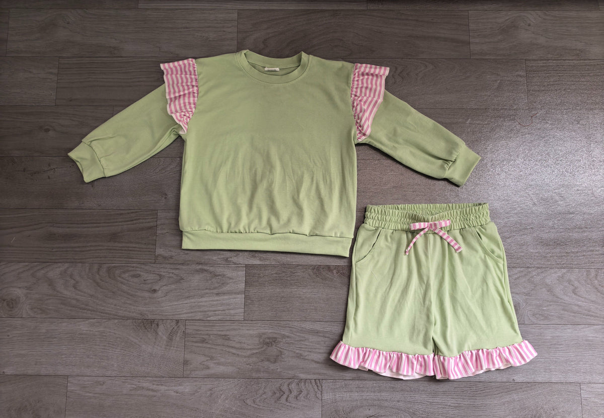 No moq Preorder Baby Girls Kids Green Long Sleeves Tops Pockets Shorts Cotton Set Clothes