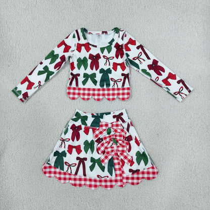Baby Girls Kids Long Sleeves Christmas Bows Shirt Scallop Skirt Shorts Yoga Active Set Clothes