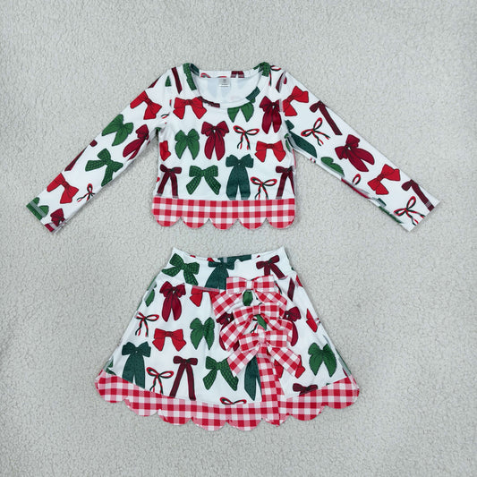 Baby Girls Kids Long Sleeves Christmas Bows Shirt Scallop Skirt Shorts Yoga Active Set Clothes