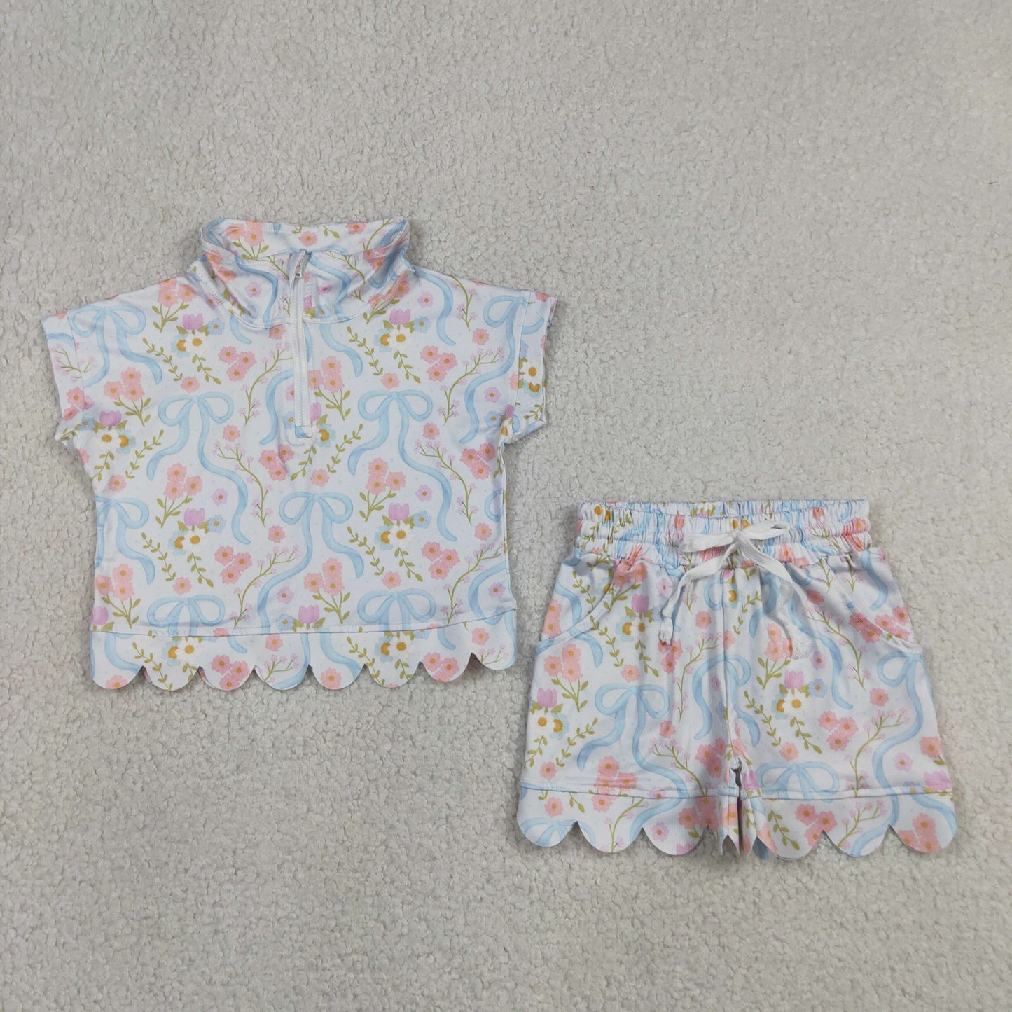 Baby Girls Kids Short Sleeves Zipper Shirt Flower Bows Scallop Shorts Set Clothes