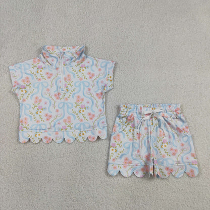 Baby Girls Kids Short Sleeves Zipper Shirt Flower Bows Scallop Shorts Set Clothes