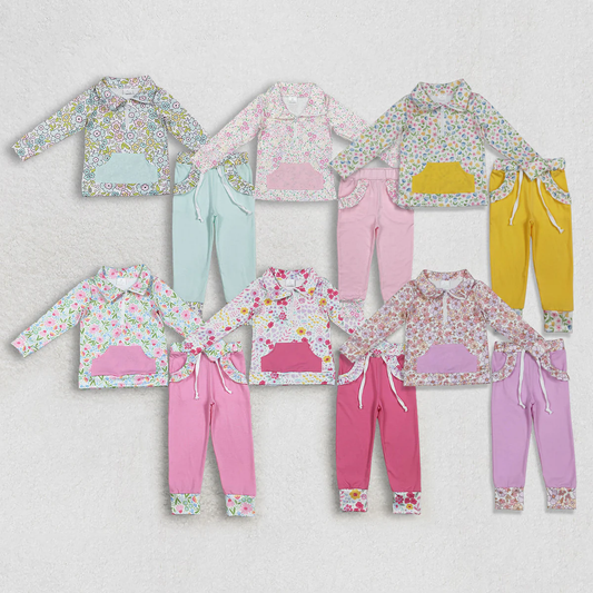 RTS Sibling Baby Girls Toddler Long Sleeves Flower Zipper Shirts Pockets Pants Clothes Sets