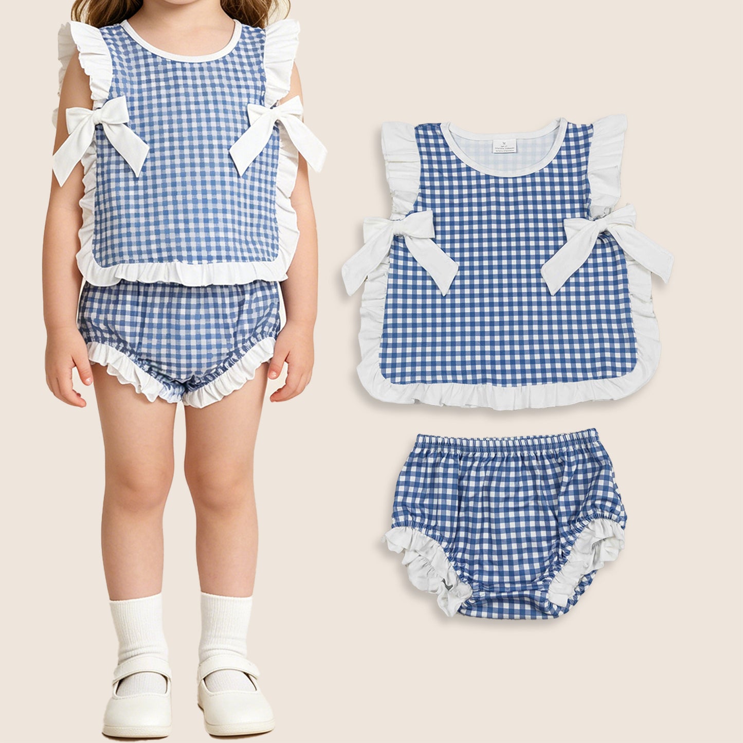 Baby Girl Kids Plaid Bows Tops Bummie Shorts Set Blue Clothes