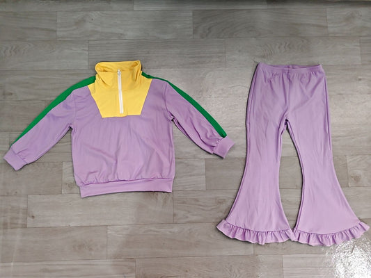 No moq Preorder Baby Girls Kids Zipper Pullover Purple Pockets Pants Mardi Gras Set Yoga Active Clothes