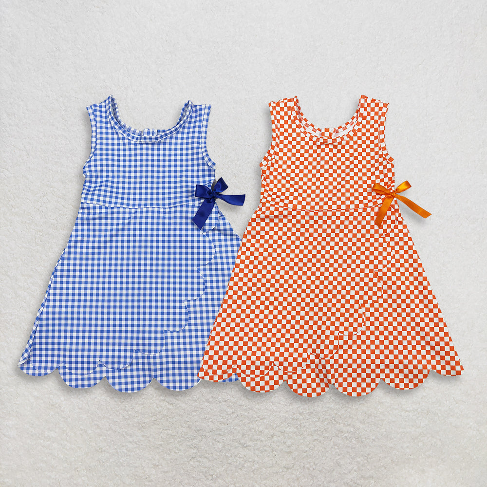 RTS Sibling Baby Girls Checked Bow Ruffle Yoga Active Shorts Knee Length Scallop Dresses