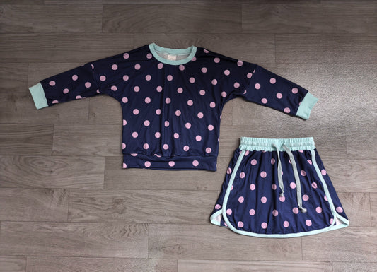 No moq Preorder Baby Girls Kids Long Sleeves Dots Shirt Skirt Shorts Navy Set Clothes