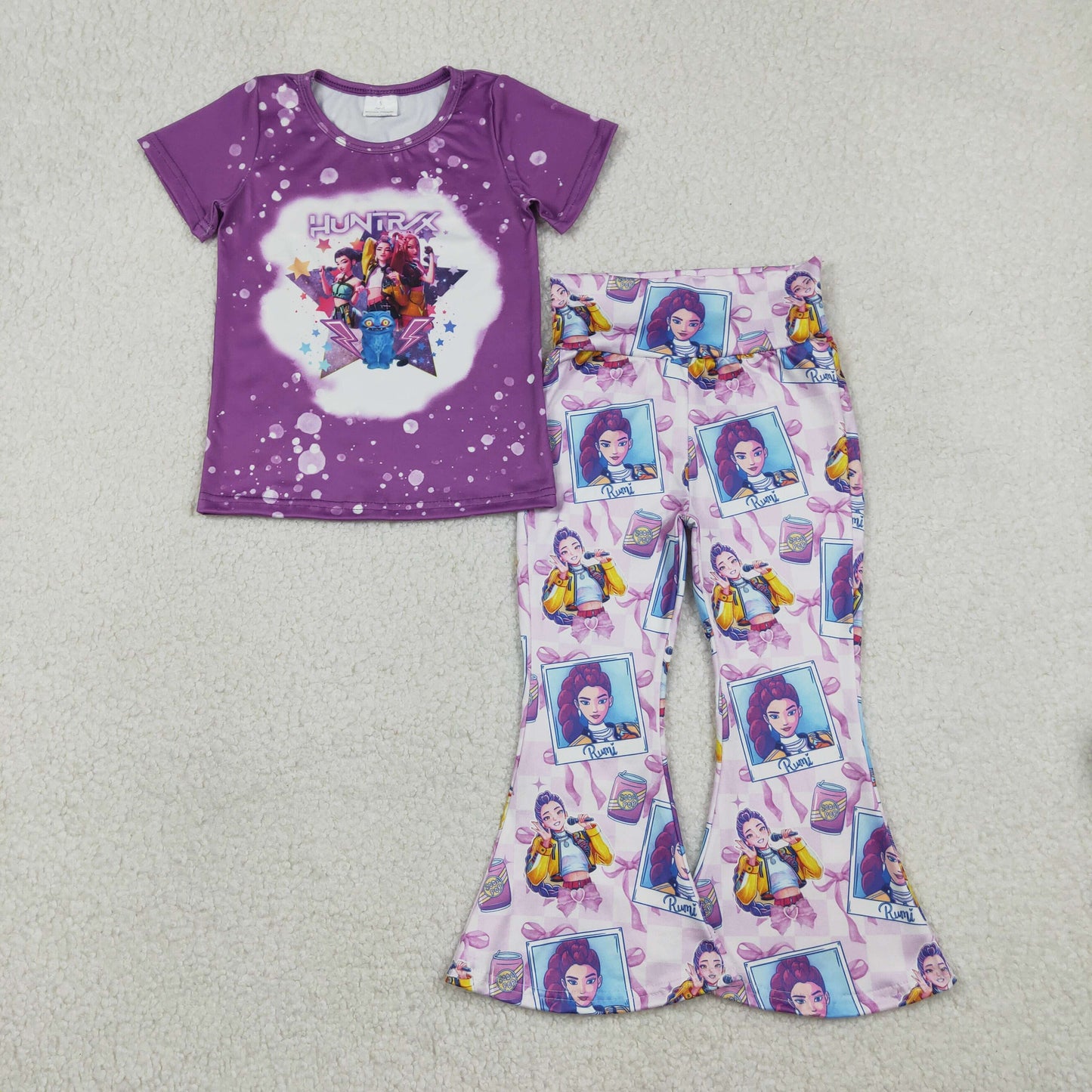 Baby Girls Short Sleeves Singer Characters Bows Shirt Pants Purple Clothes Set