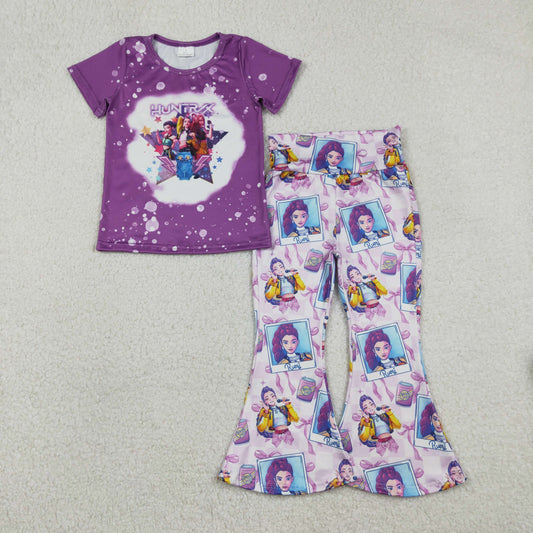 Baby Girls Short Sleeves Singer Characters Bows Shirt Pants Purple Clothes Set