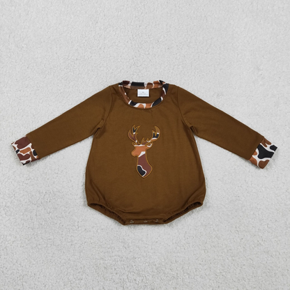 RTS Sibling Sibling Baby Boys Kids Embroidery Deer Camo Hunting Brown Romper Sets