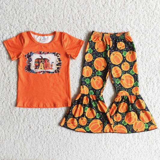 Promotion Baby Girl Short Sleeves Pumpkin Shirt Bell Pants Fall Outfit