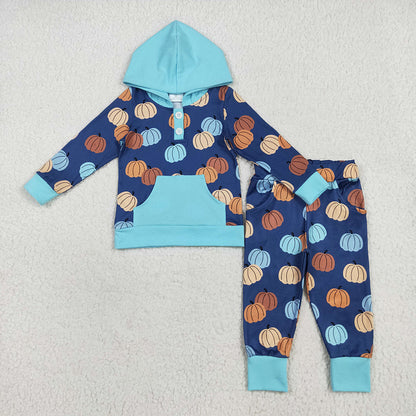 Baby Boy Long Sleeves Pumpkins Sibling Thanksgiving Fall Romper Outfit Pajamas Set
