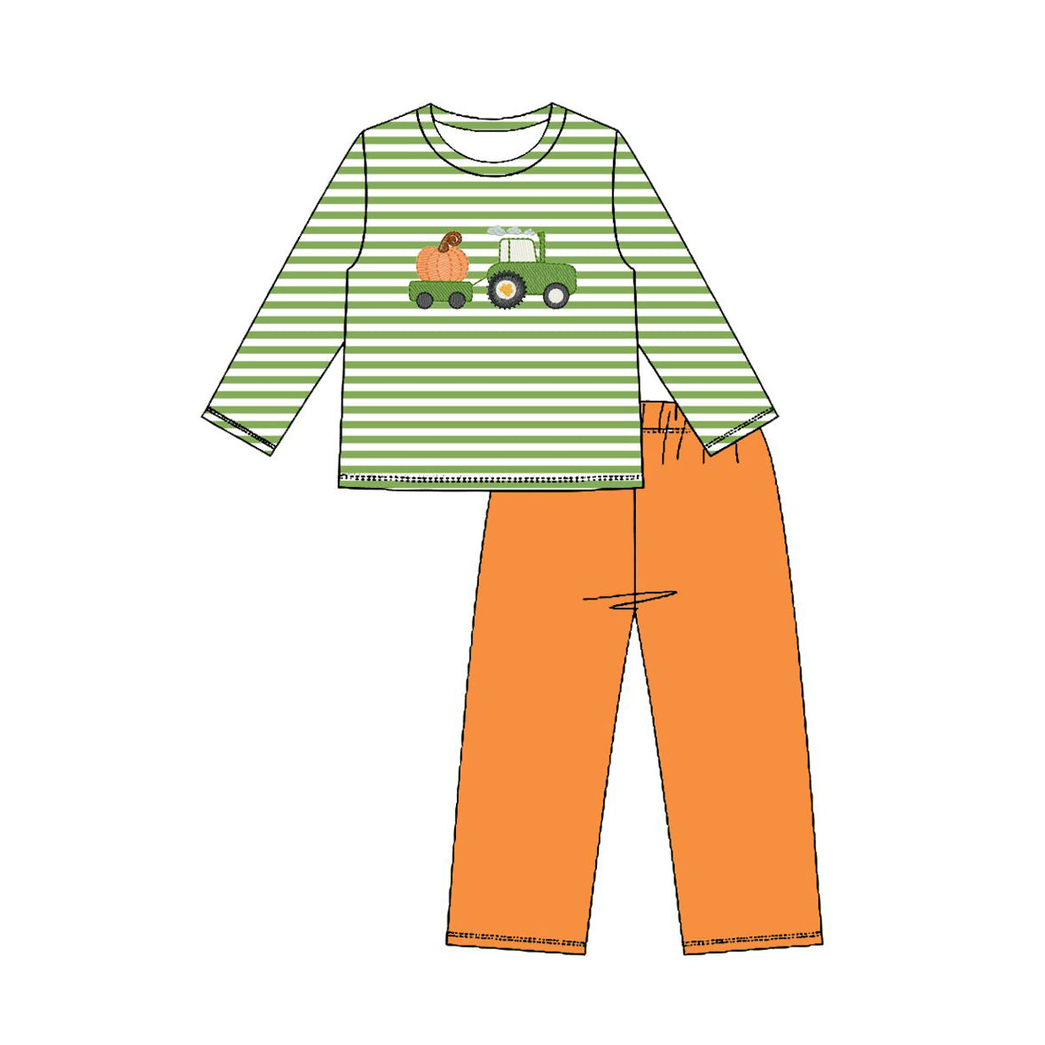 Preorder Baby Boys Kids Long Sleeves Stripe Pumpkin Tractor Shirt Pants Set Fall Clothes ( Moq 5 )