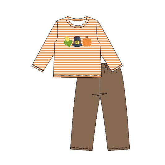 Preorder Baby Boys Kids Long Sleeves Stripe Pumpkin Shirt Pants Set Fall Clothes ( Moq 5 )