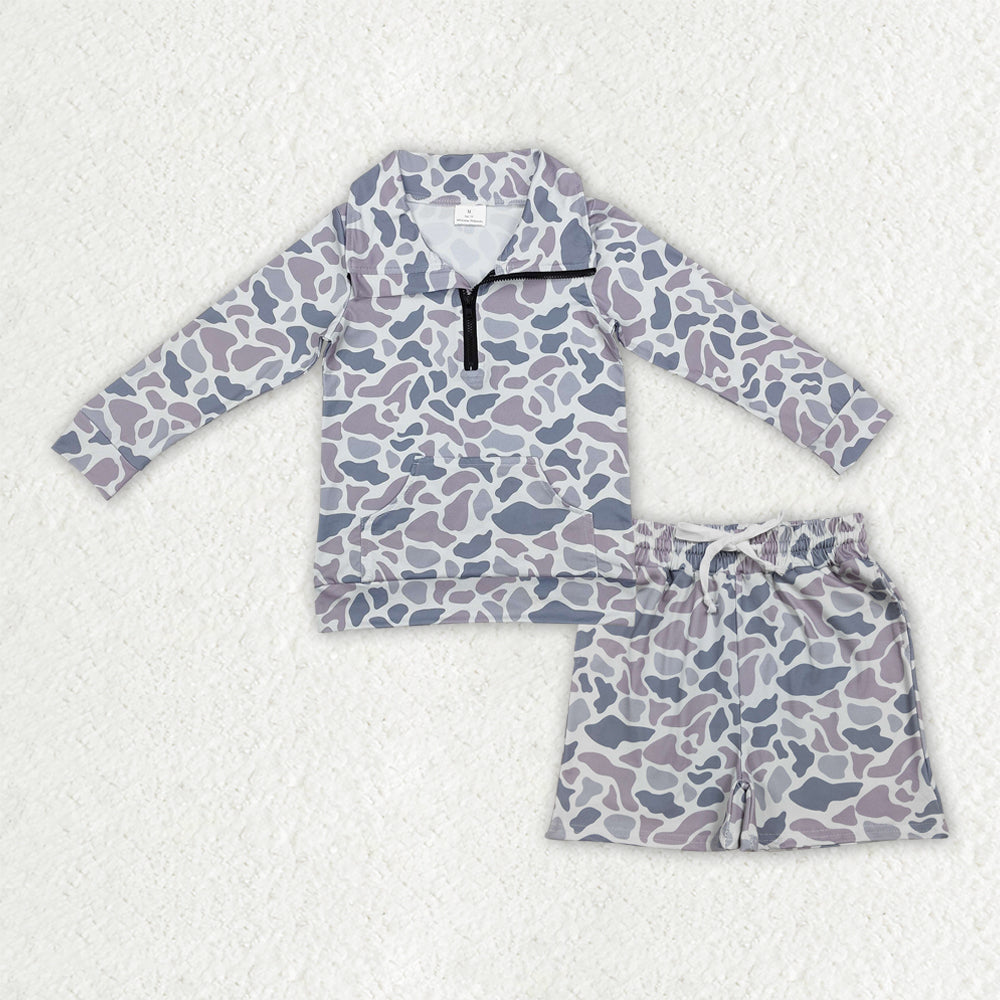 Sibling Baby Boys Kids Long Sleeves Southern Camo Zipper Shirts Pockets Shorts Hunting Clothes Sets