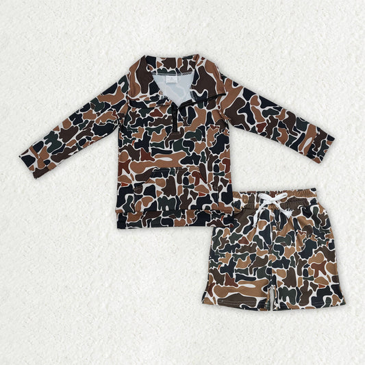 Baby Boys Kids Long Sleeves Brown Green Camo Zipper Shirt Pockets Shorts Hunting Clothes Set
