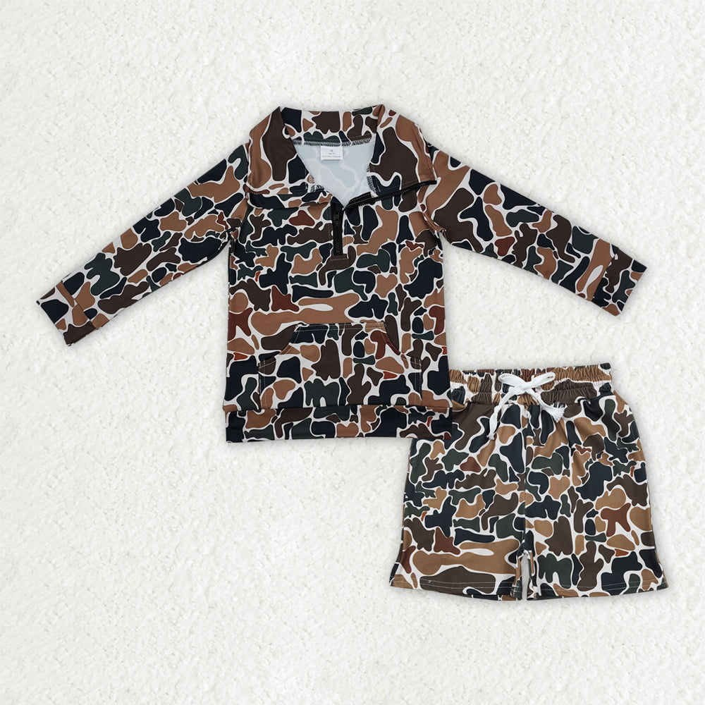 Sibling Baby Boys Kids Long Sleeves Southern Camo Zipper Shirts Pockets Shorts Hunting Clothes Sets