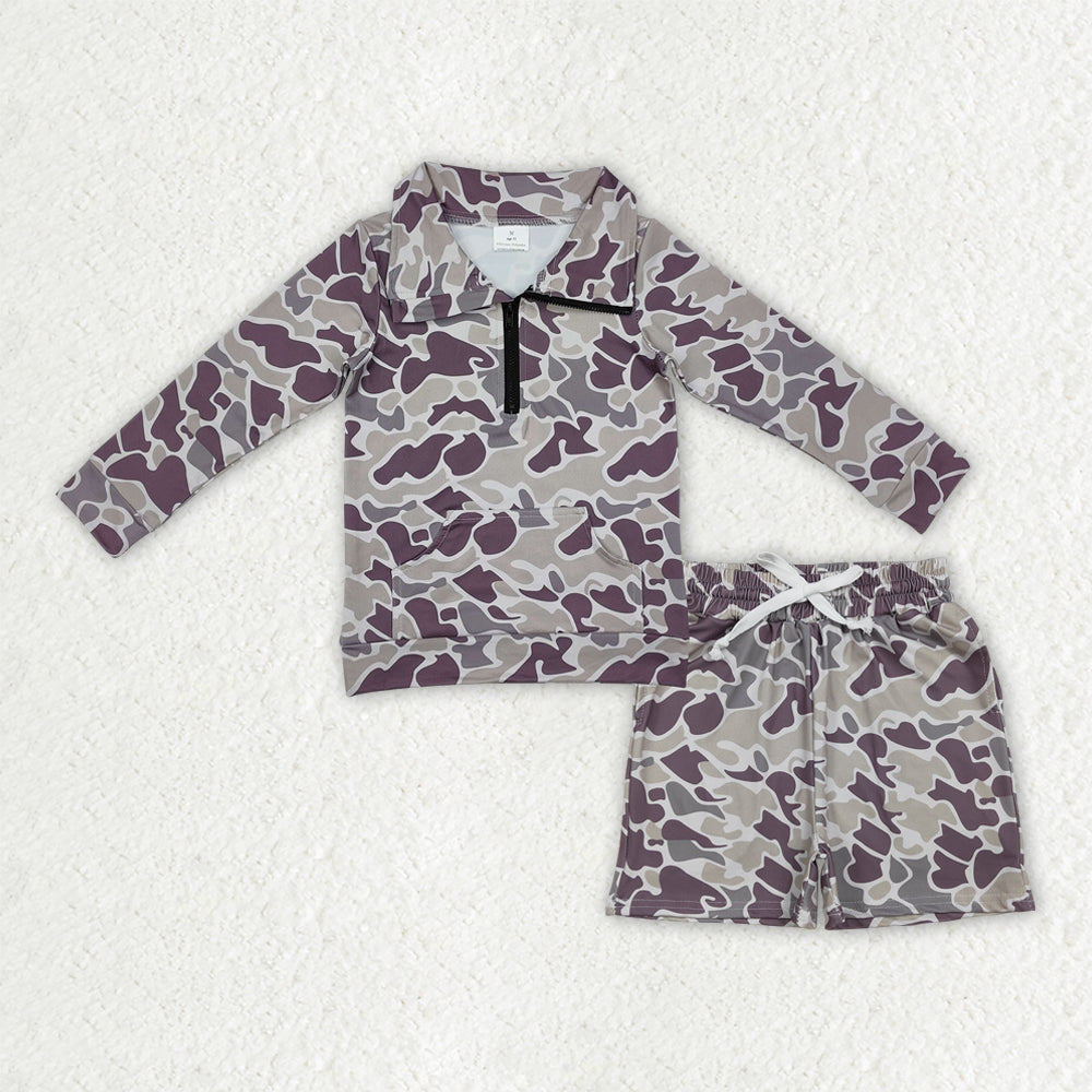 Sibling Baby Boys Kids Long Sleeves Southern Camo Zipper Shirts Pockets Shorts Hunting Clothes Sets