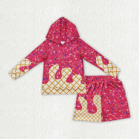 Kids Toddler Long Sleeves Pink Drips Hoodie Team Shirt Pockets Shorts Set