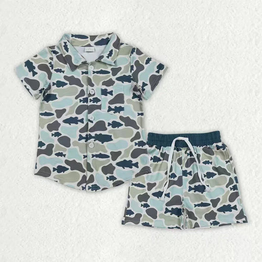 BSS02029 Baby Boys Kids Short Sleeves Buttons Pocket Shirt Shorts Set Green Camo Clothes