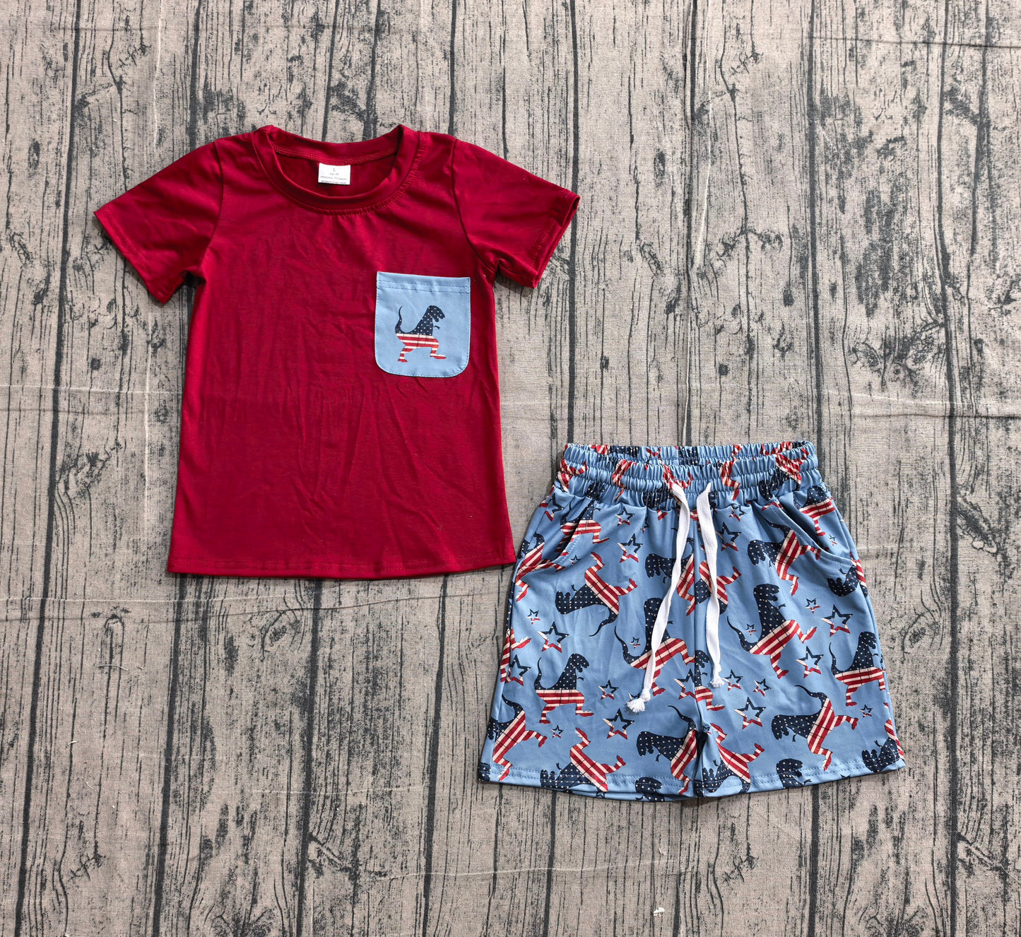 Preorder Baby Boys Kids Short Sleeves Red Shirt Dinosaurs Pockets Shorts 4th of July Set