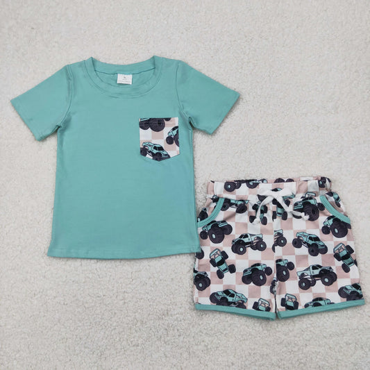 USA Shop Baby Boys Kids Short Sleeves Green Shirt Trucks Plaid Pockets Shorts Summer Set