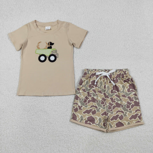 USA Shop Baby Boys Embroidery Deer Dogs Shirt Pockets Camo Shorts Set Hunting Clothes
