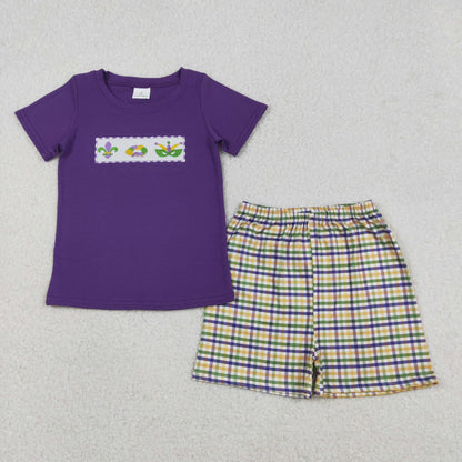 Sibling Baby Boys Girls Embroidery Anchors Donuts Masks Plaid Dress Mardi Gras Set