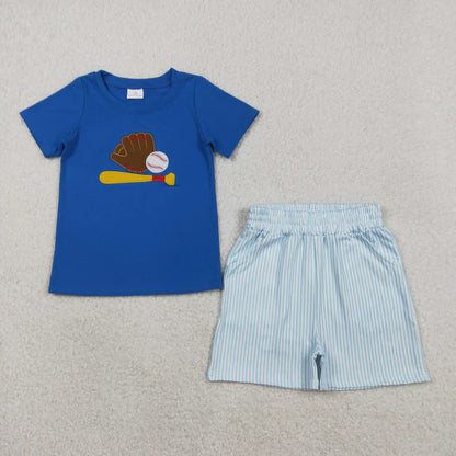 RTS Sibling Baby Boys Girls Kids Short Sleeves Embroidery Baseball Bows Tops Stripes Shorts Set